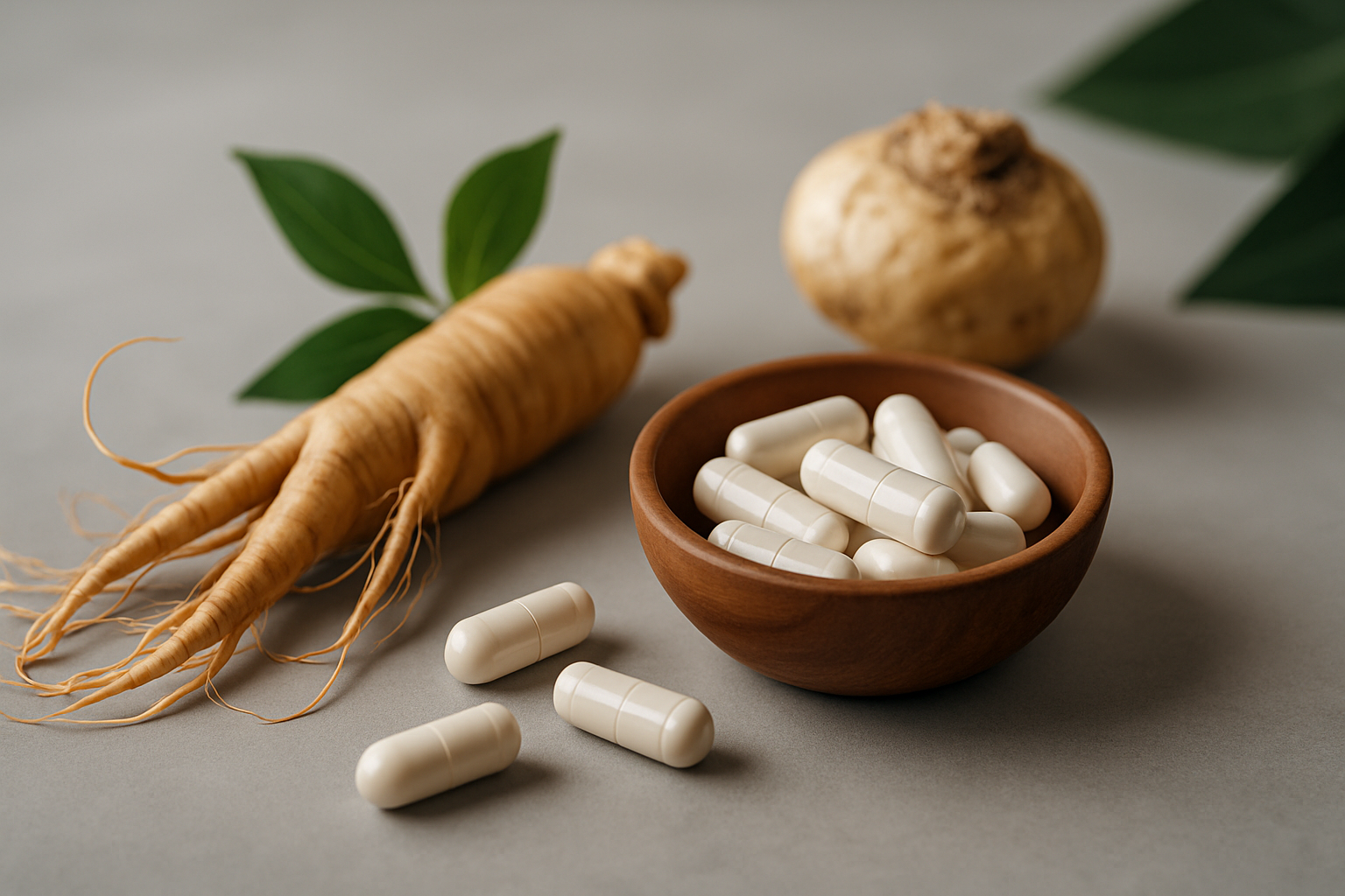 Natürliche Potenzmittel und pflanzliche Wirkstoffe auf Holztisch