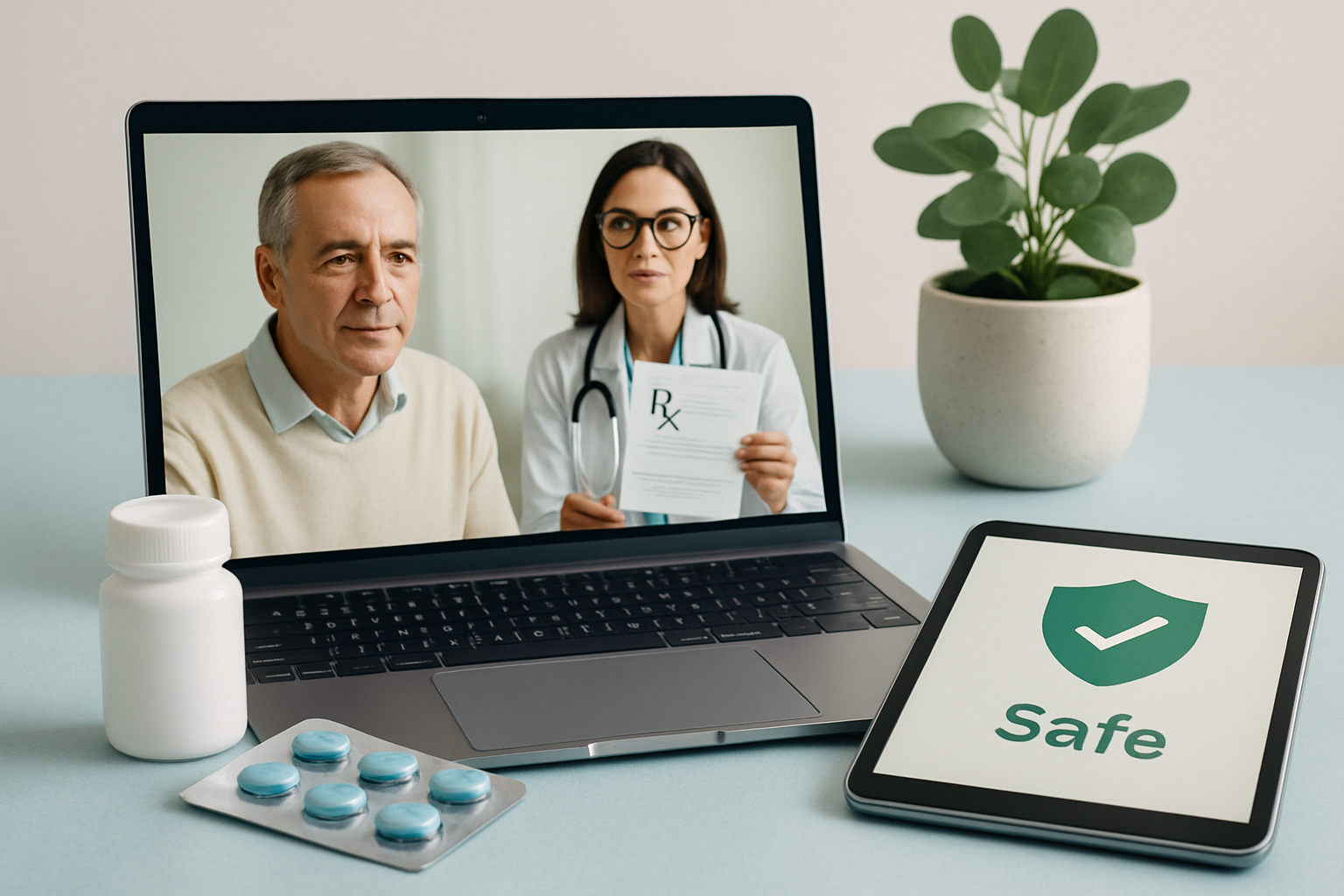 Sicherer Online-Kauf von Potenzmitteln mit Rezept - Laptop mit Apotheken-Symbol und medizinischer Beratung