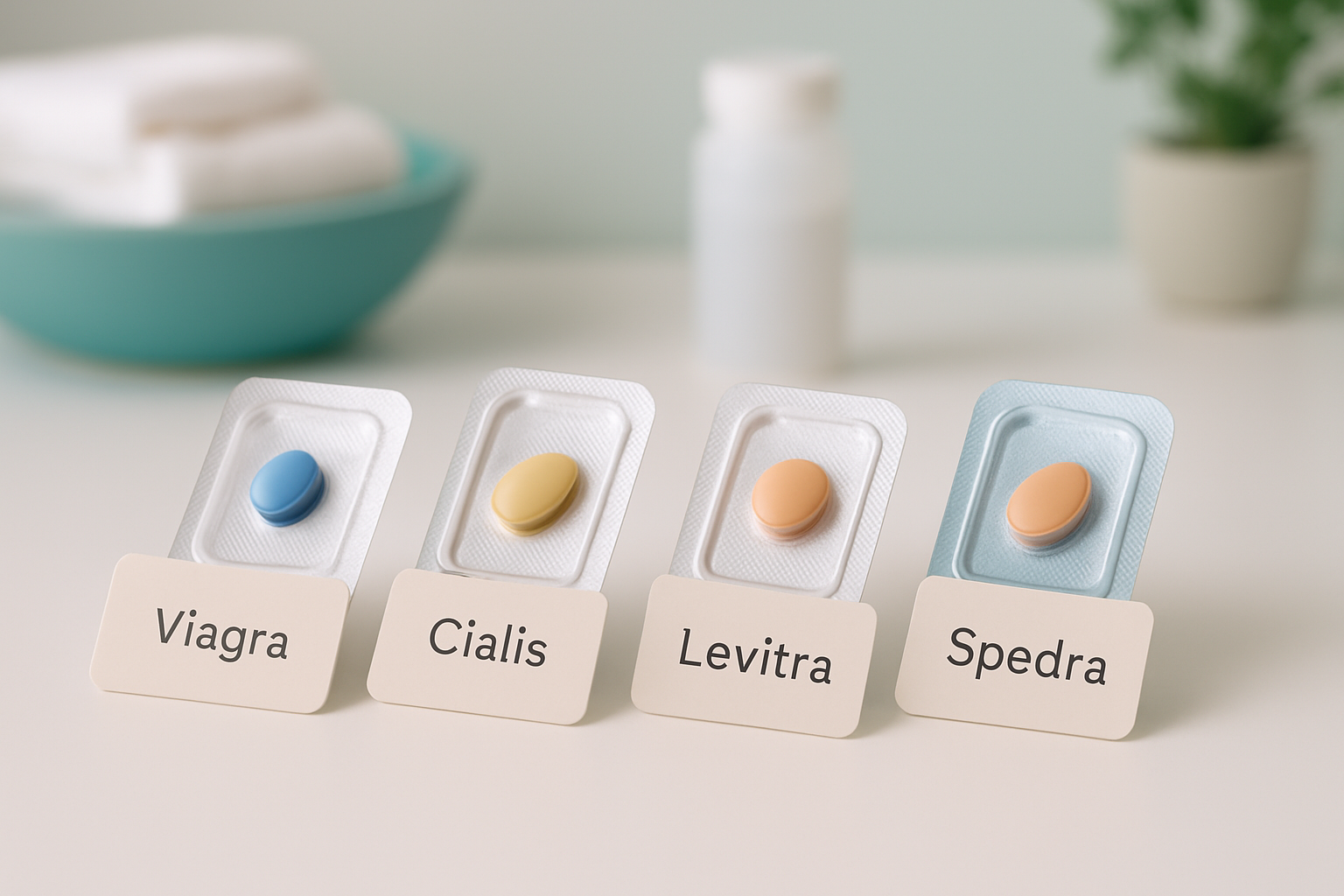 Vergleichstabelle der vier wichtigsten Potenzmittel Viagra, Cialis, Levitra und Spedra