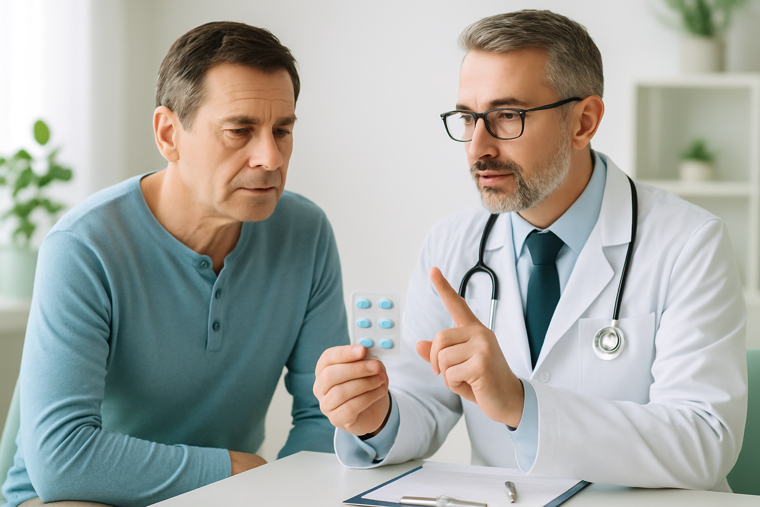 Mann liest Beipackzettel von Potenzmittel und informiert sich über die richtige Anwendung