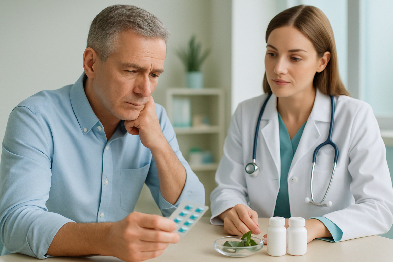 Rezeptfreie Potenzmittel in der Apotheke - Verschiedene Präparate und Nahrungsergänzungsmittel auf einem Tisch