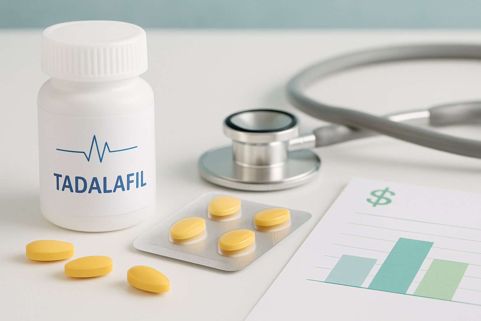 Tadalafil Tabletten und Generika-Verpackungen mit Preisinformationen