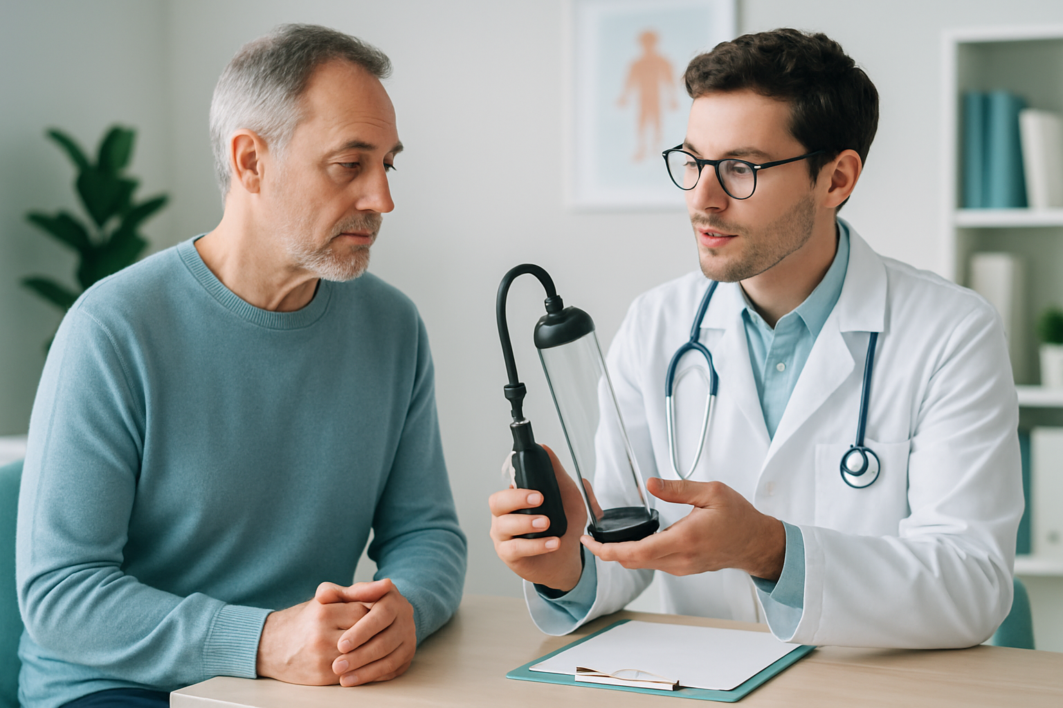 Mann hält diskret eine medizinische Vakuumpumpe zur Behandlung von Erektionsstörungen in den Händen